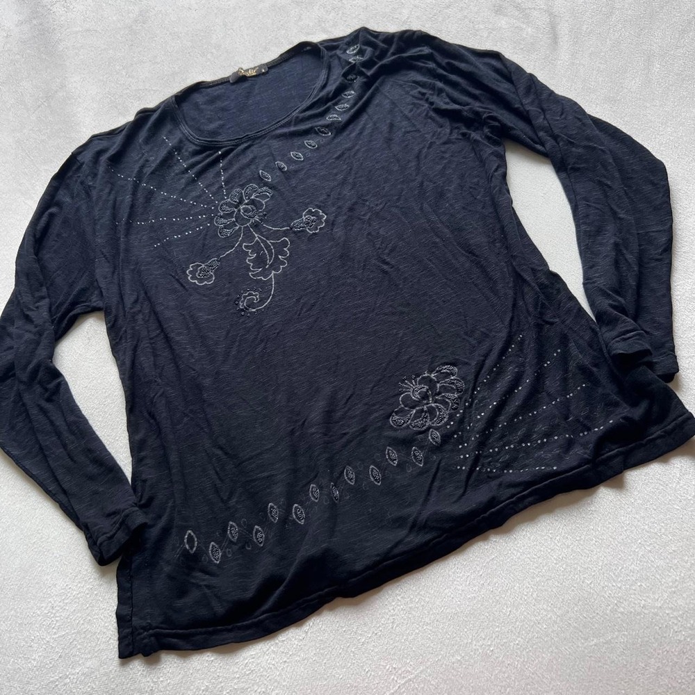 Black Embellished Long Sleeve Flowy Stretchy Goth Whimsigoth Boho Top Blouse